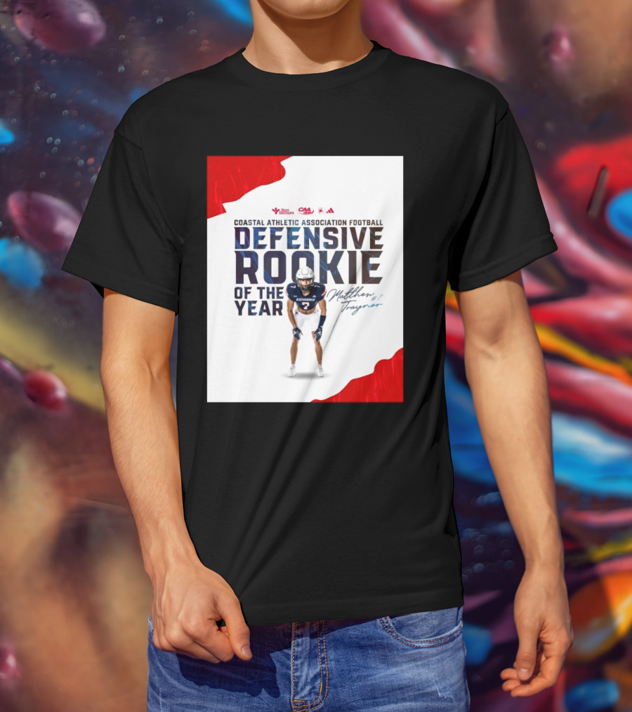 Coastal Athletic Association Football Defensive Rookie Of The Year Matthew Traynor Signature Richmond #2 Red Blue White Football Graphics T-Shirt