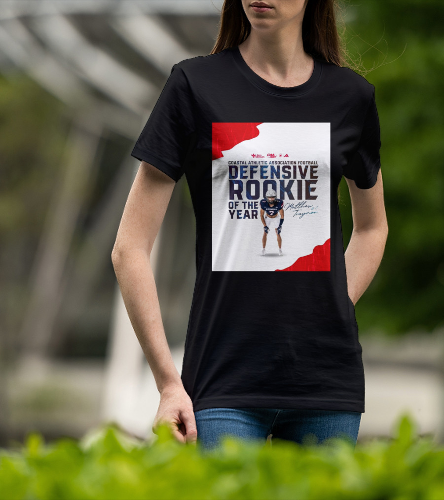 Coastal Athletic Association Football Defensive Rookie Of The Year Matthew Traynor Signature Richmond #2 Red Blue White Football Graphics T-Shirt