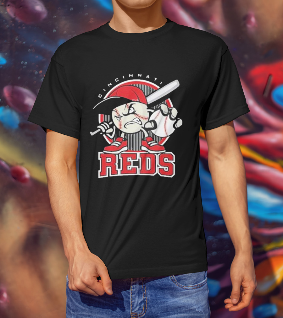 Cincinnati Reds Retro Baseball Character With Cap And Bat T-Shirt