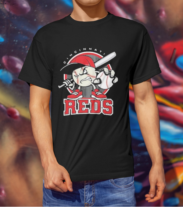 Cincinnati Reds Retro Baseball Character With Cap And Bat T-Shirt