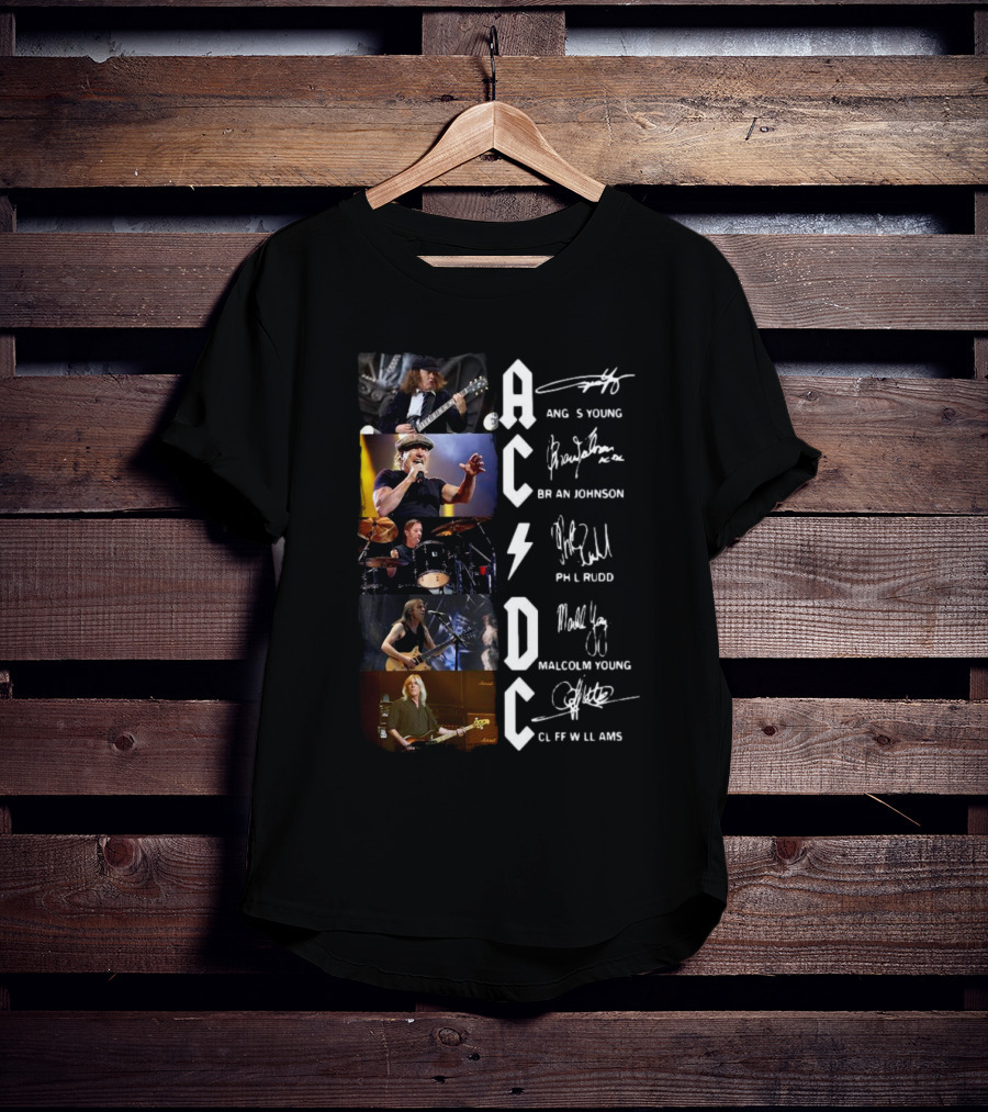 AC DC Angus Young Brian Johnson Phil Rudd Malcolm Young Cliff Williams Signatures Photos T-Shirt