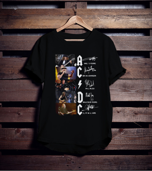 AC DC Angus Young Brian Johnson Phil Rudd Malcolm Young Cliff Williams Signatures Photos T-Shirt