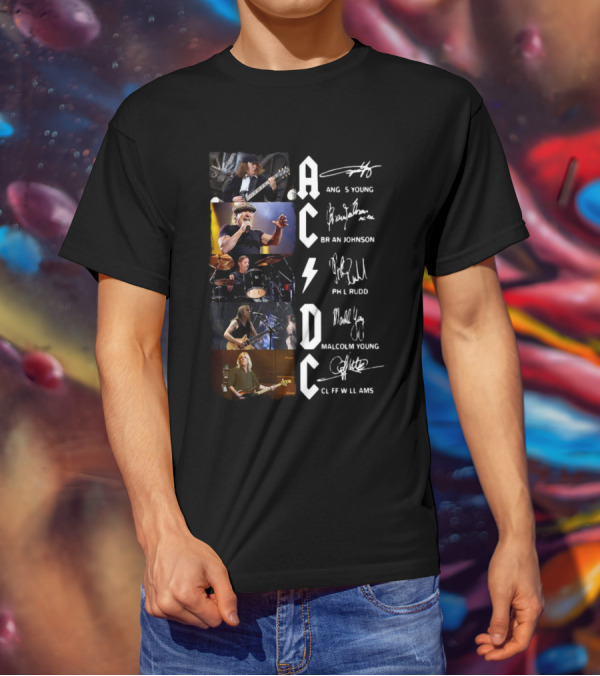 AC DC Angus Young Brian Johnson Phil Rudd Malcolm Young Cliff Williams Signatures Photos T-Shirt