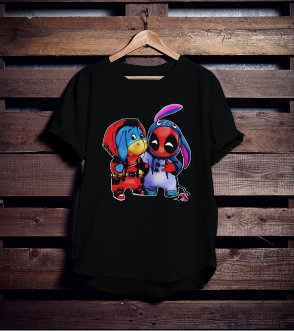 Baby Donkey And Deadpool In Cosplay Onesies With Bunny Ears And Red T-Shirt