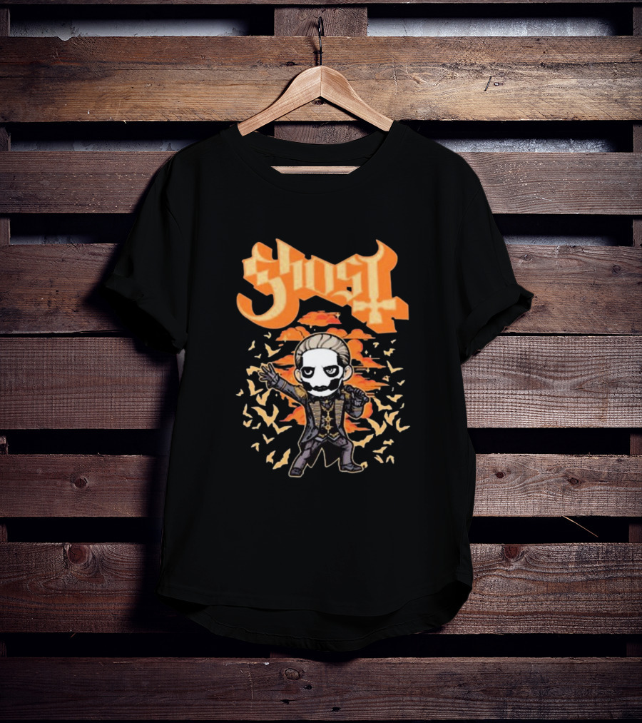 Ghost Band Chibi Style Character With Orange Background And Bats T-Shirt