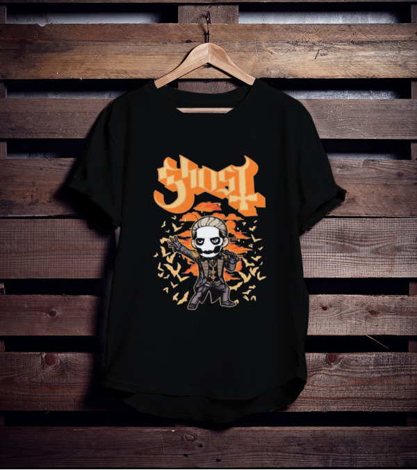 Ghost Band Chibi Style Character With Orange Background And Bats T-Shirt
