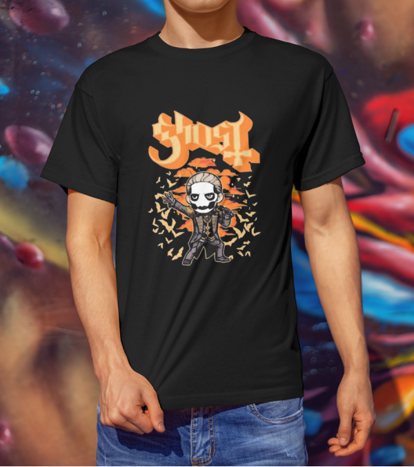 Ghost Band Chibi Style Character With Orange Background And Bats T-Shirt
