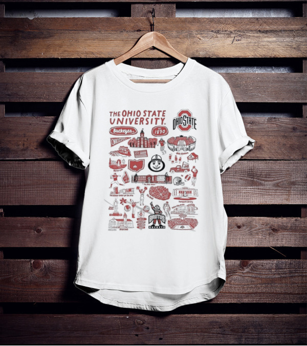 The Ohio State University Buckeyes Brutus Buckeye Est 1870 Scarlet And Gray Landmarks Montage T-Shirt