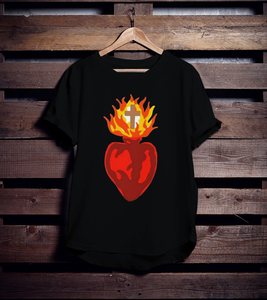 B Lake Sacred Heart Love Of God Cross Flame T-Shirt