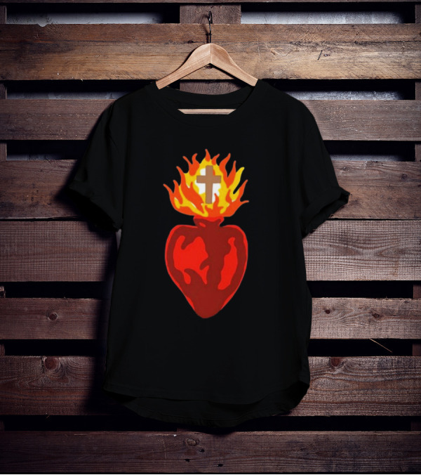 B Lake Sacred Heart Love Of God Cross Flame T-Shirt