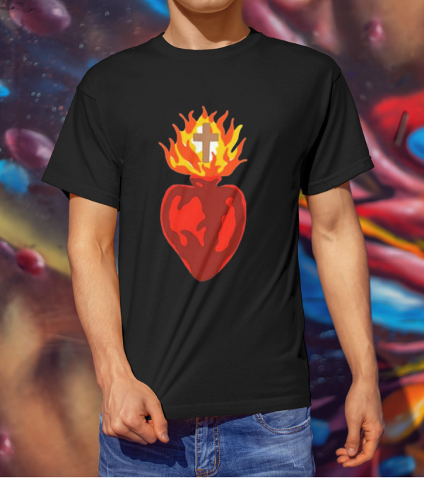 B Lake Sacred Heart Love Of God Cross Flame T-Shirt