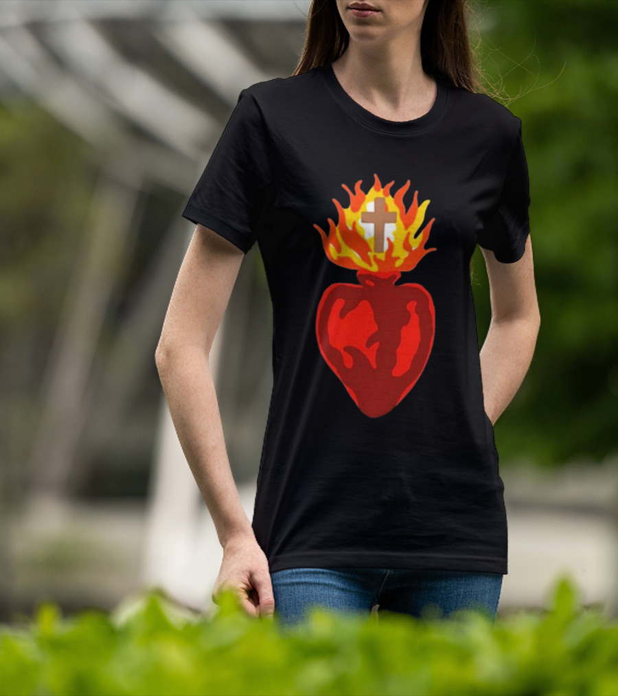 B Lake Sacred Heart Love Of God Cross Flame T-Shirt