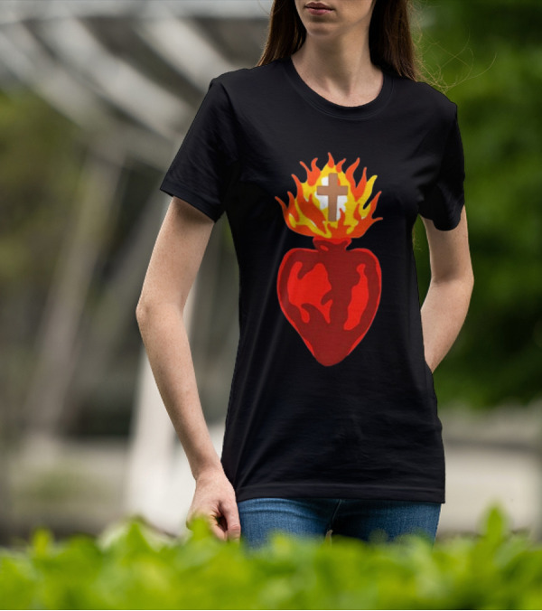 B Lake Sacred Heart Love Of God Cross Flame T-Shirt