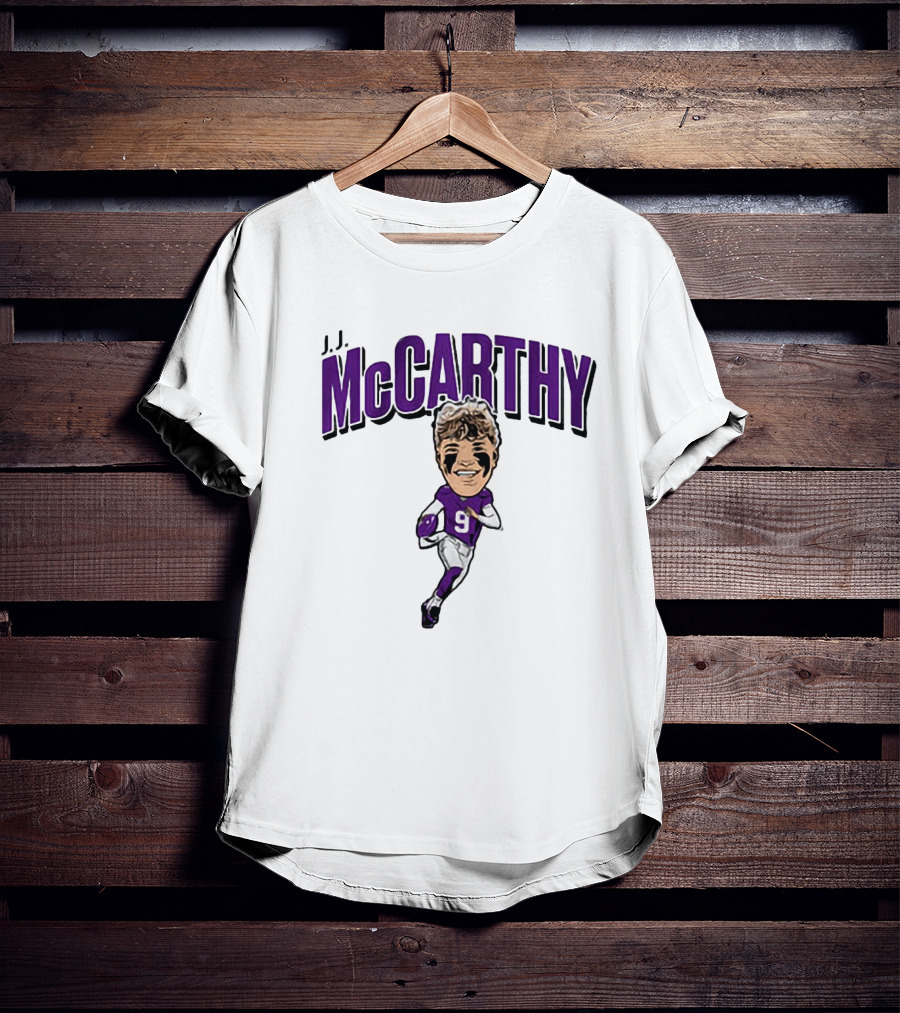 J.J. McCarthy 9 Running Quarterback Caricature T-Shirt