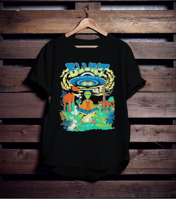 Blunt UFO Alien Smoking Forest Scene T-Shirt