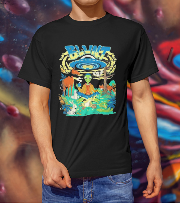 Blunt UFO Alien Smoking Forest Scene T-Shirt