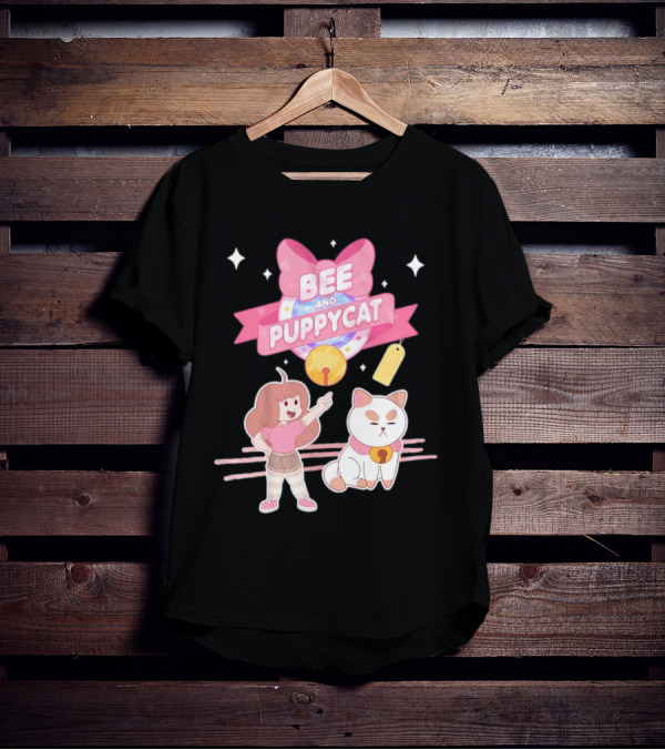 Bee And PuppyCat Cute Cartoon Characters With Pink Bow And Stars T-Shirt