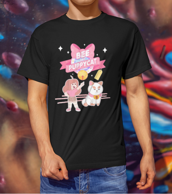Bee And PuppyCat Cute Cartoon Characters With Pink Bow And Stars T-Shirt