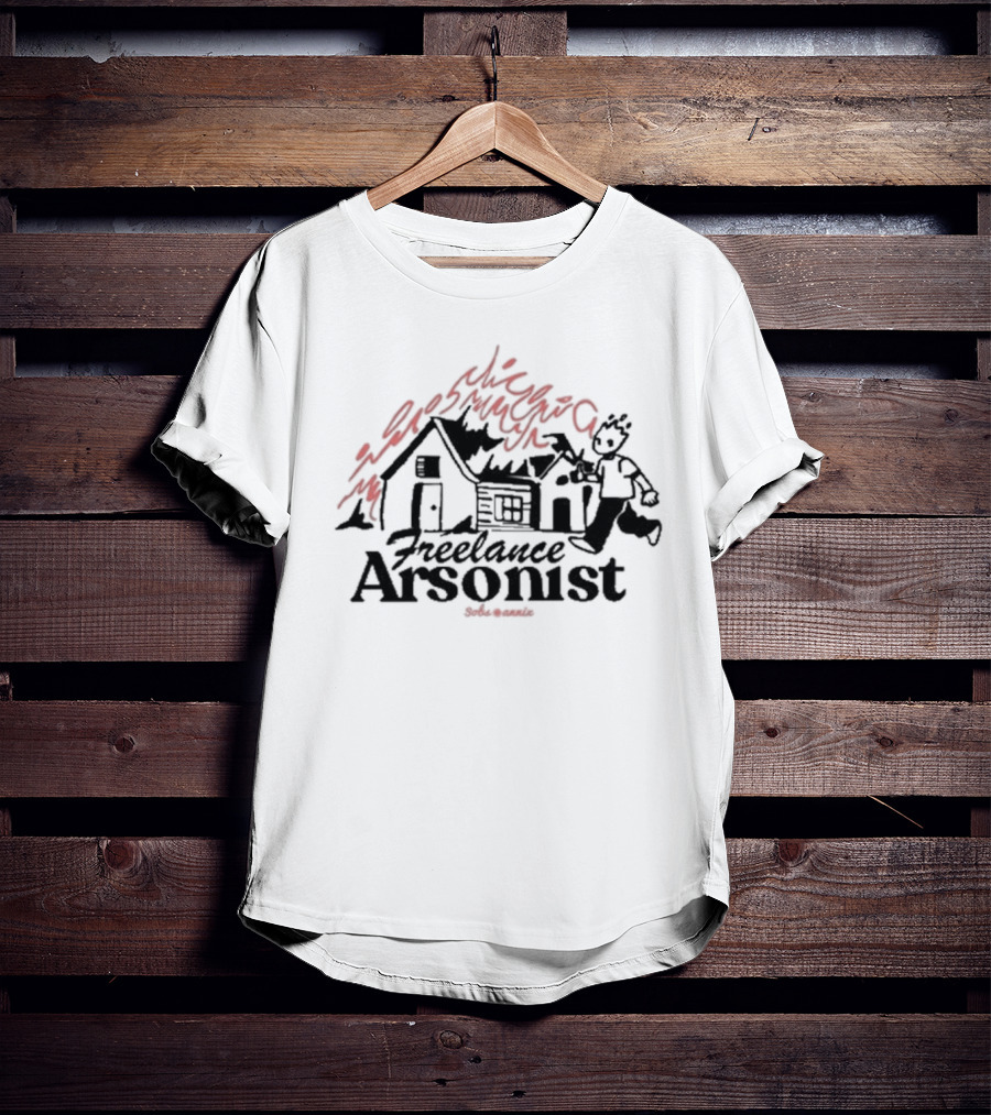 Freelance Arsonist Sobsannix Cartoon Running With Burning House T-Shirt