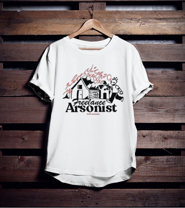 Freelance Arsonist Sobsannix Cartoon Running With Burning House T-Shirt
