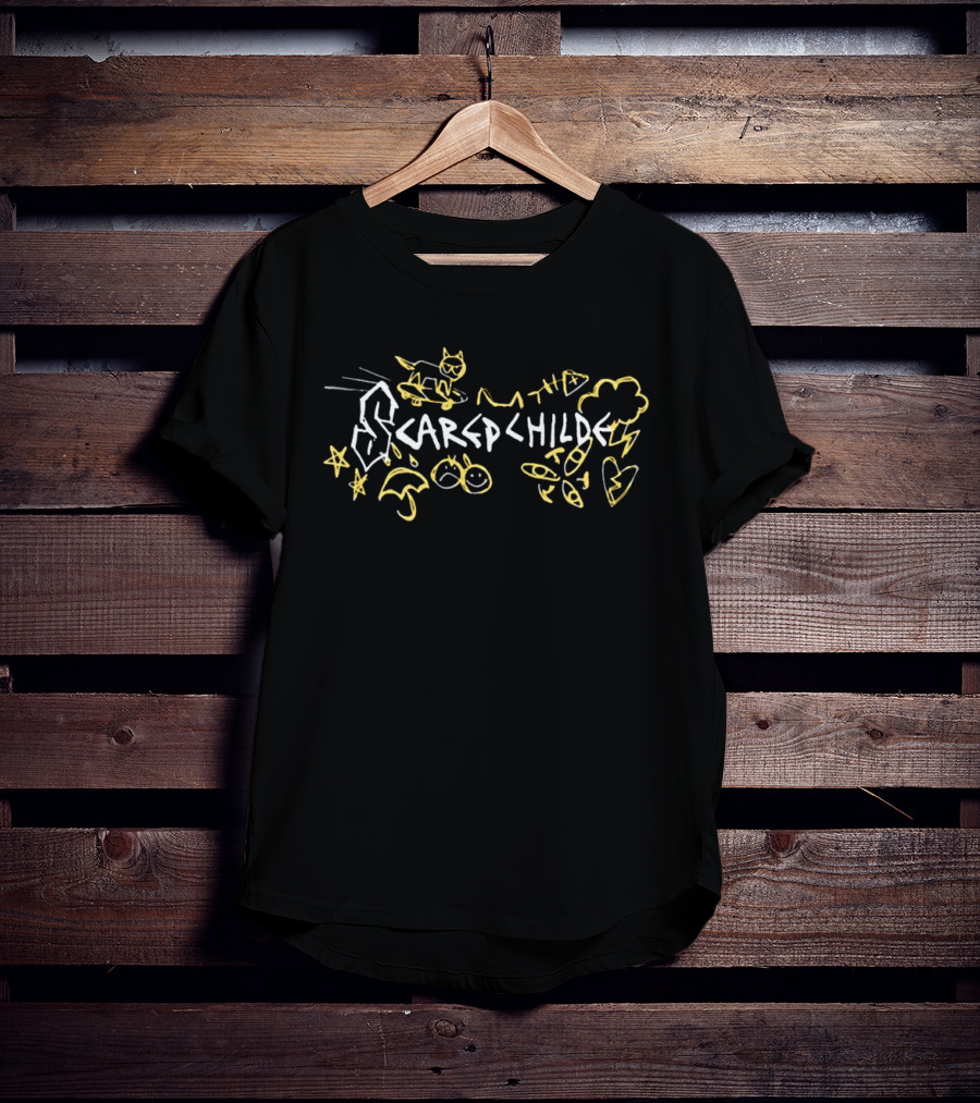 Scared Child Doodles Cat Lightning Stars Clouds Arrows T-Shirt