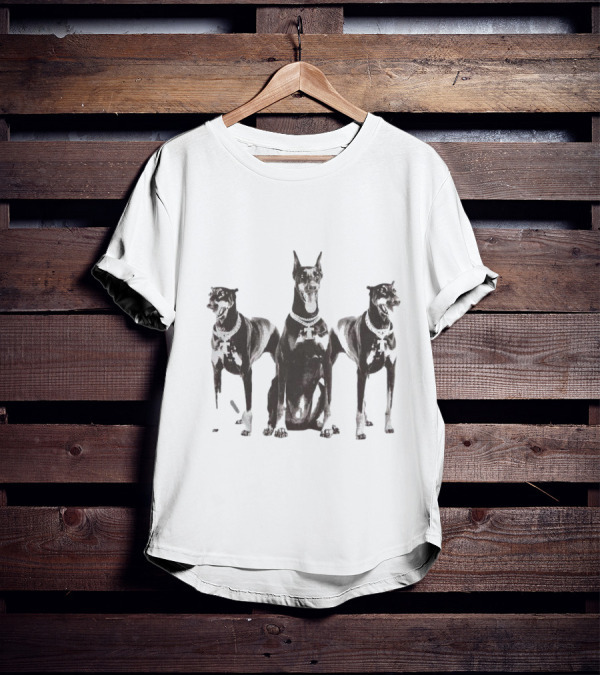 Doberman Dogs Trio In Black And White With Chain Collars T-Shirt
