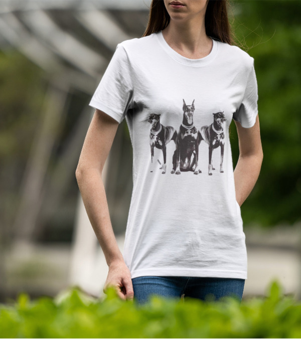 Doberman Dogs Trio In Black And White With Chain Collars T-Shirt