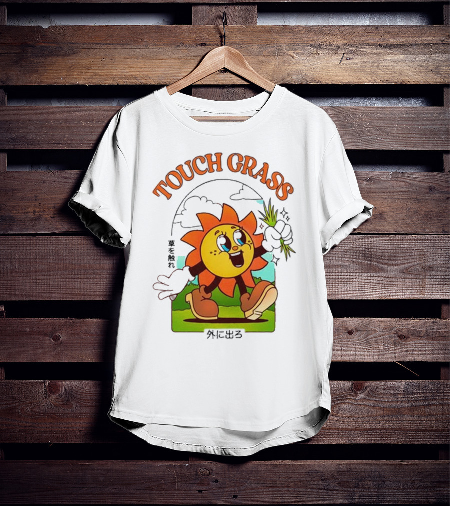 Touch Grass Retro Sun Character Outdoors Japanese Text T-Shirt