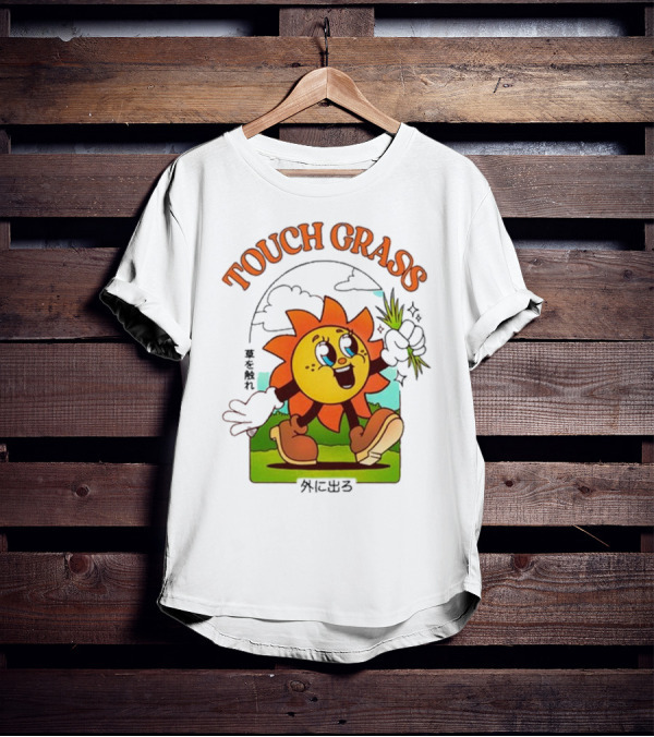 Touch Grass Retro Sun Character Outdoors Japanese Text T-Shirt
