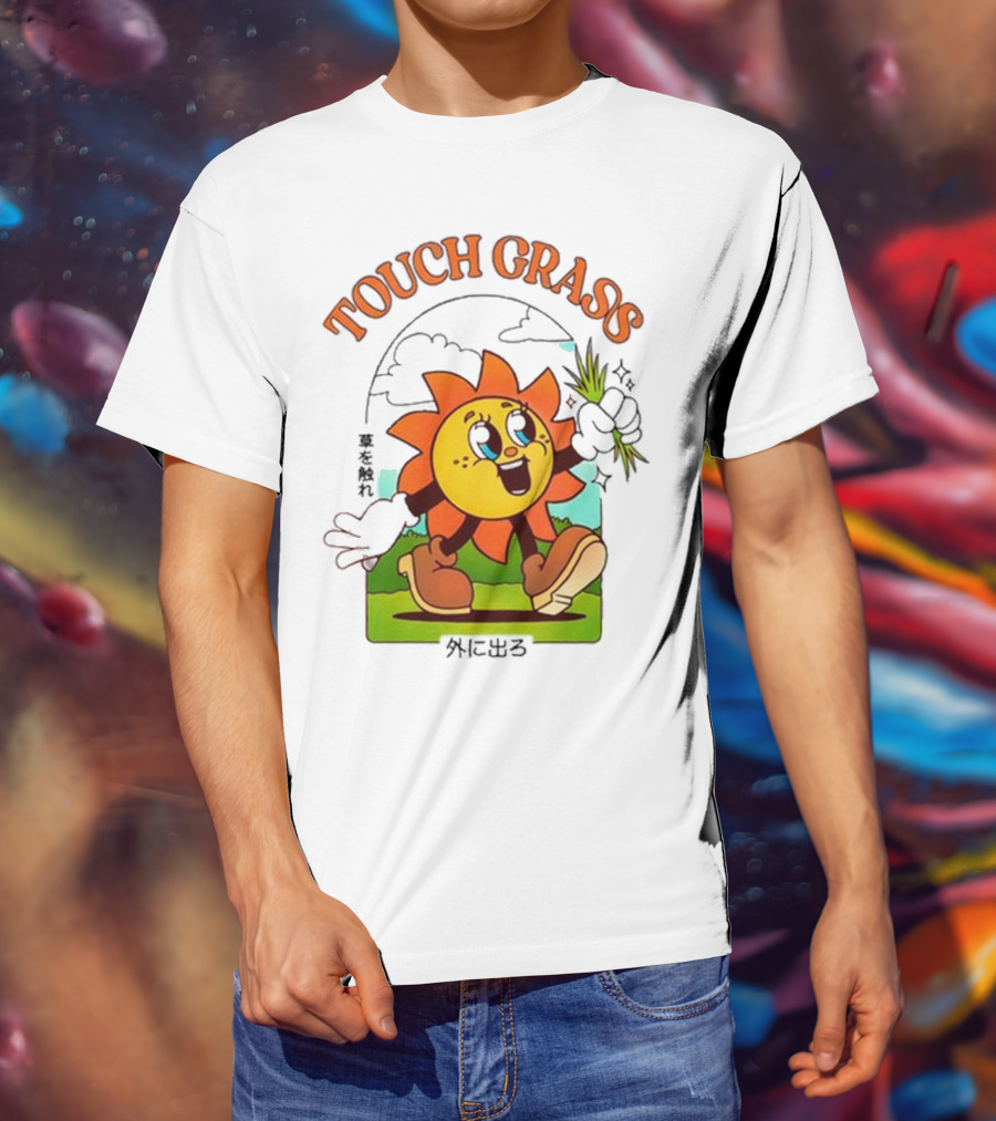 Touch Grass Retro Sun Character Outdoors Japanese Text T-Shirt