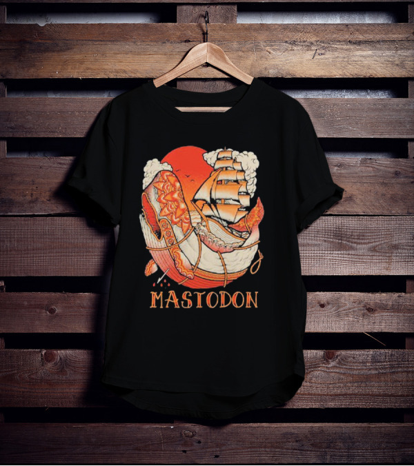 Mastodon Whale Tattoo Ship Against Red Sun T-Shirt
