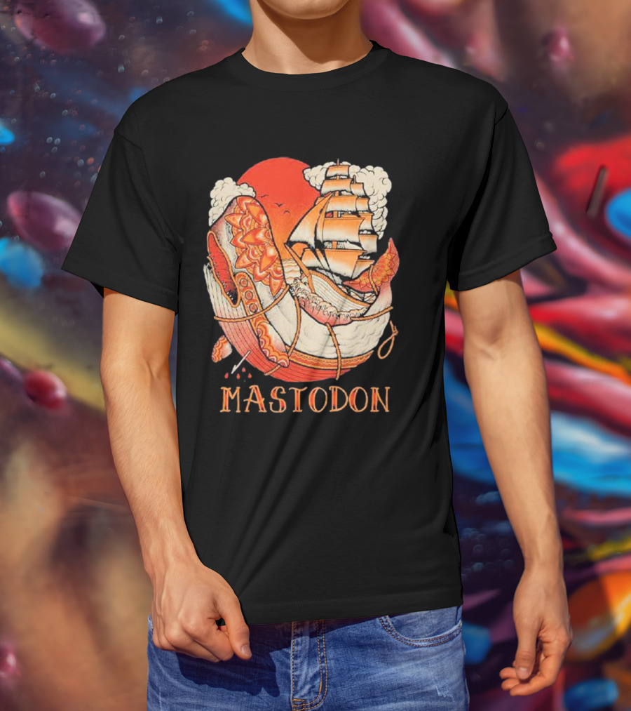 Mastodon Whale Tattoo Ship Against Red Sun T-Shirt