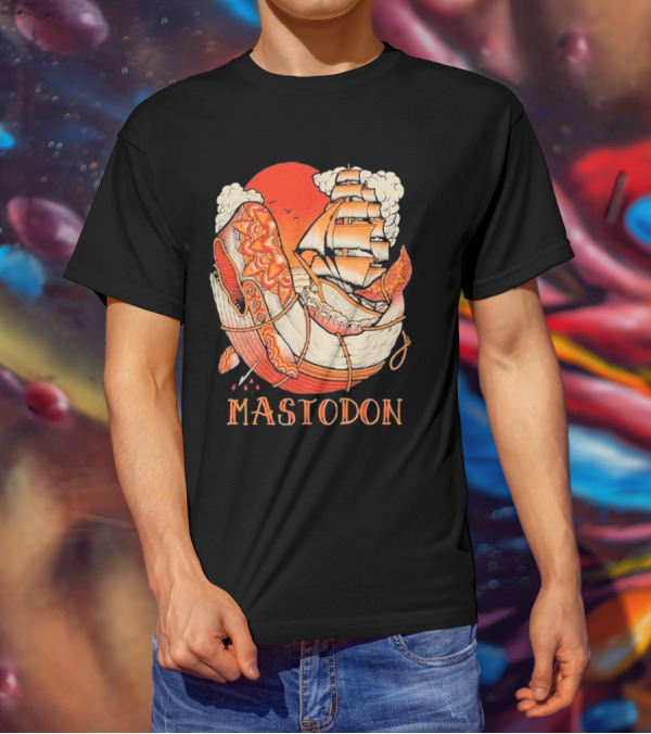 Mastodon Whale Tattoo Ship Against Red Sun T-Shirt
