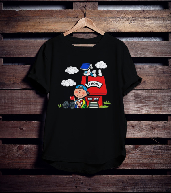 Snoopy School House With Backpack Apple And Clouds T-Shirt