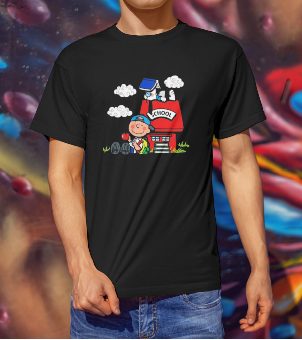 Snoopy School House With Backpack Apple And Clouds T-Shirt