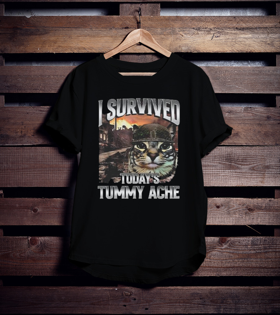 I Survived Today’s Tummy Ache Cat In Soldier Helmet With Warzone Background T-Shirt
