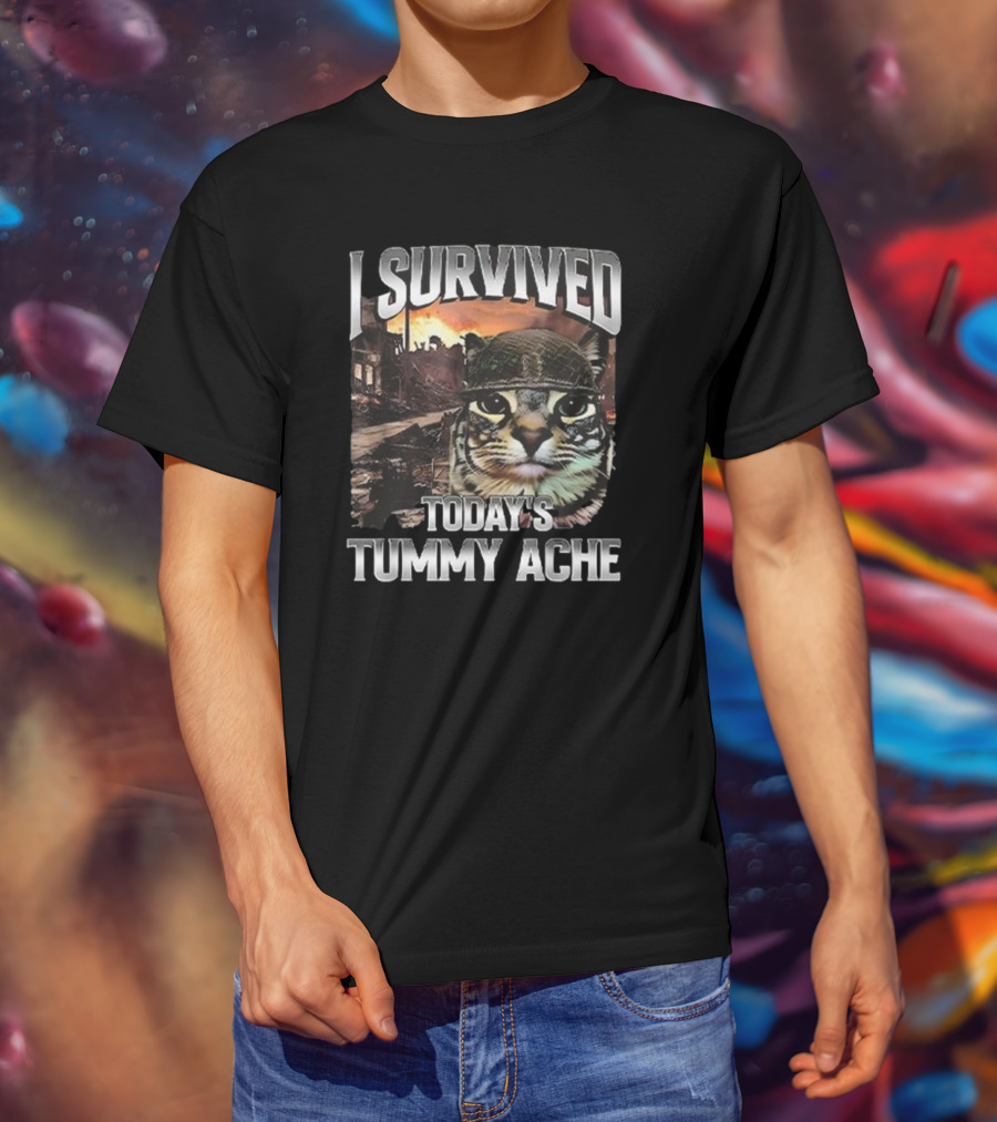 I Survived Today’s Tummy Ache Cat In Soldier Helmet With Warzone Background T-Shirt