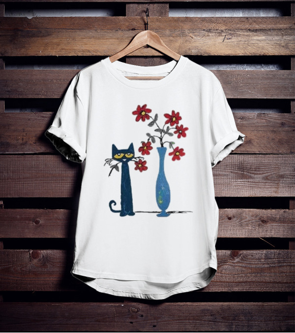 Pete The Cat And Red Flowers In Blue Vase T-Shirt