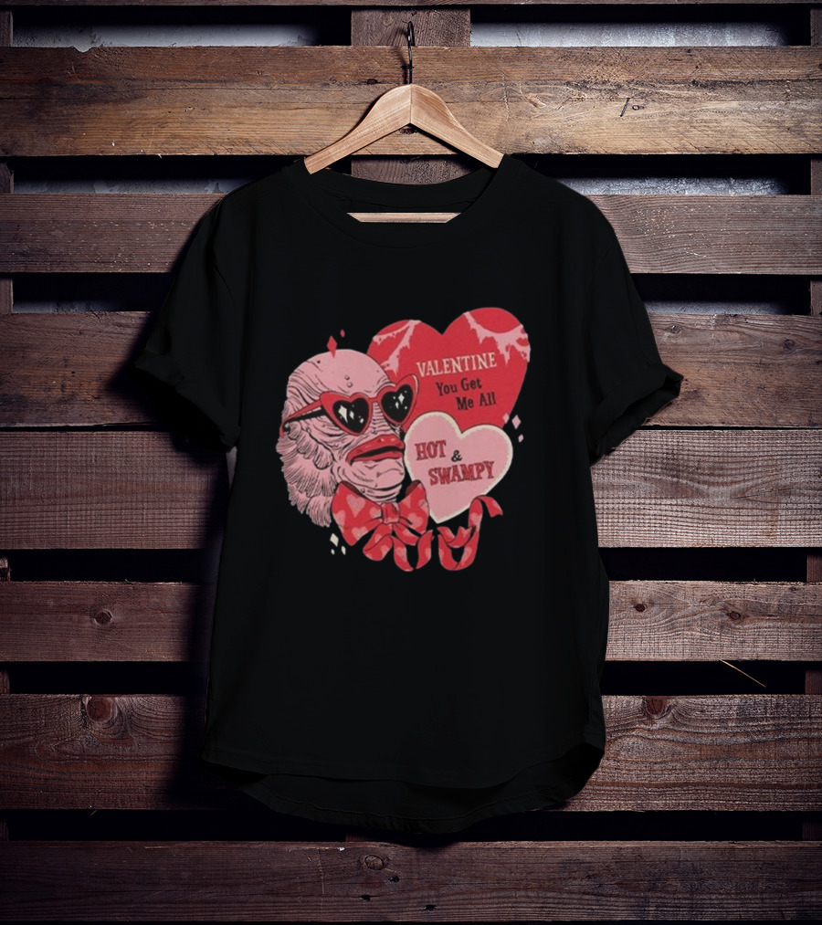 Valentine You Get Me All Hot And Swampy Creature With Heart Sunglasses And Bow Tie T-Shirt