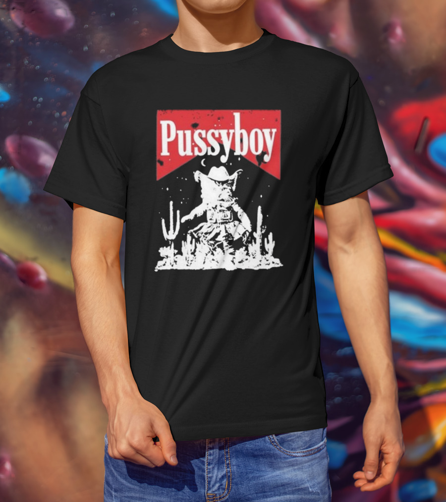 Ezramichelmusic Pussyboy Western Cat Cactus Night Scene T-Shirt