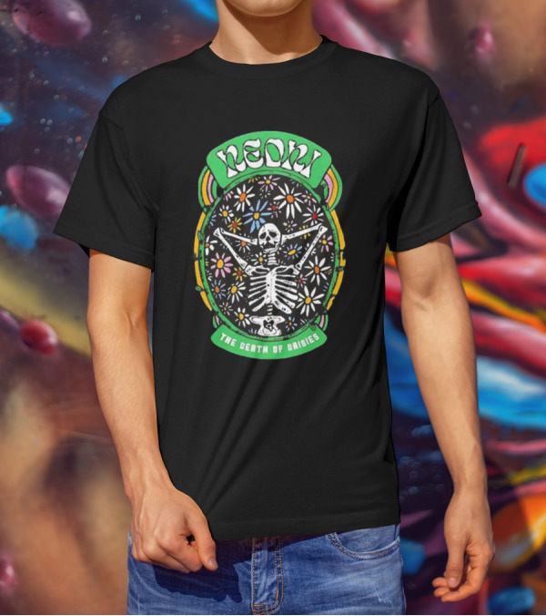 Neon The Death Of Daisies Skeleton Surrounded By Flowers T-Shirt