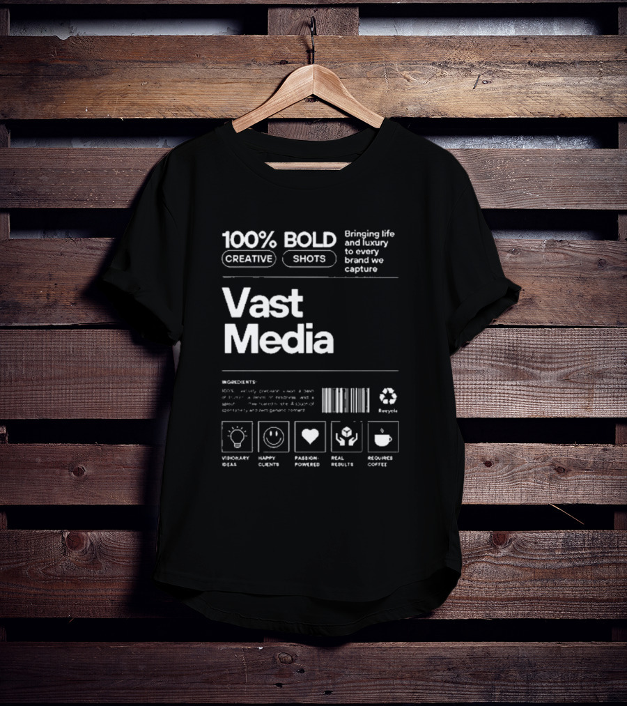100% Bold Creative Shots Bringing Life And Luxury To Every Brand We Capture Vast Media Visionary Ideas Happy Clients Passion-Powered Real Results Requires Coffee T-Shirt