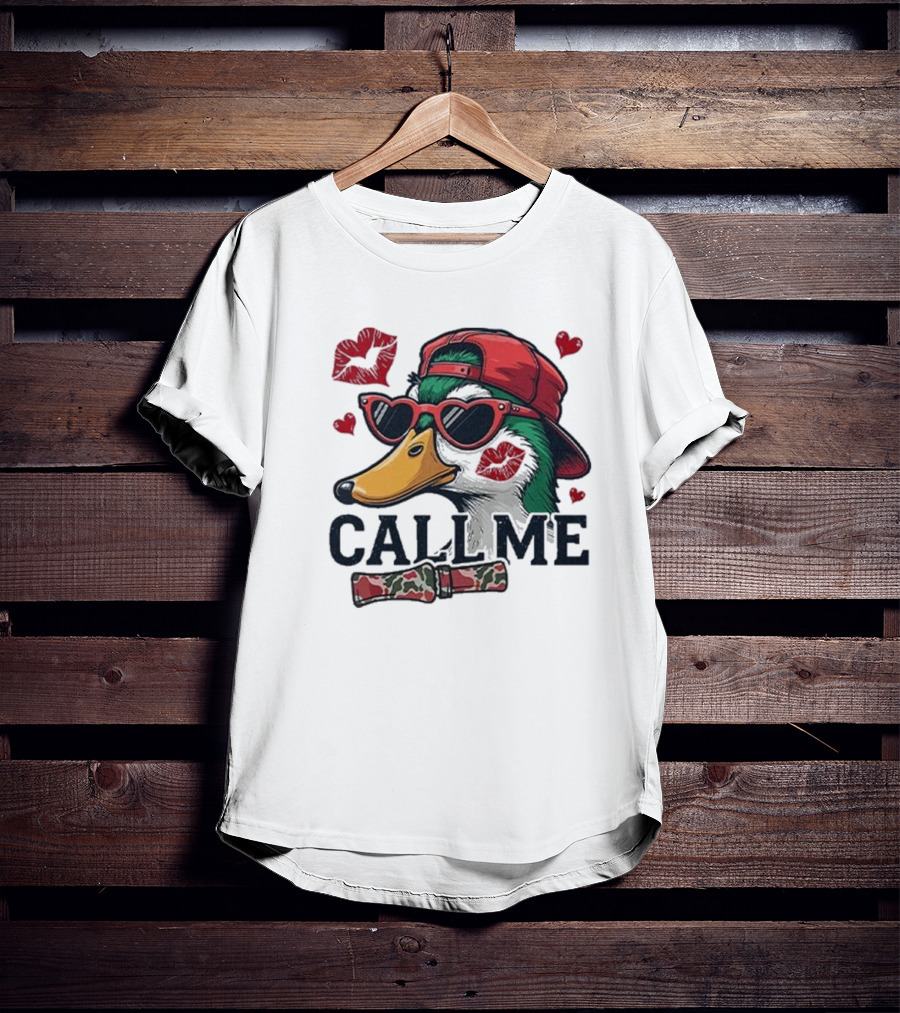 Call Me Valentine Mallard Duck In Sunglasses And Red Cap Surrounded By Hearts And Kisses T-Shirt