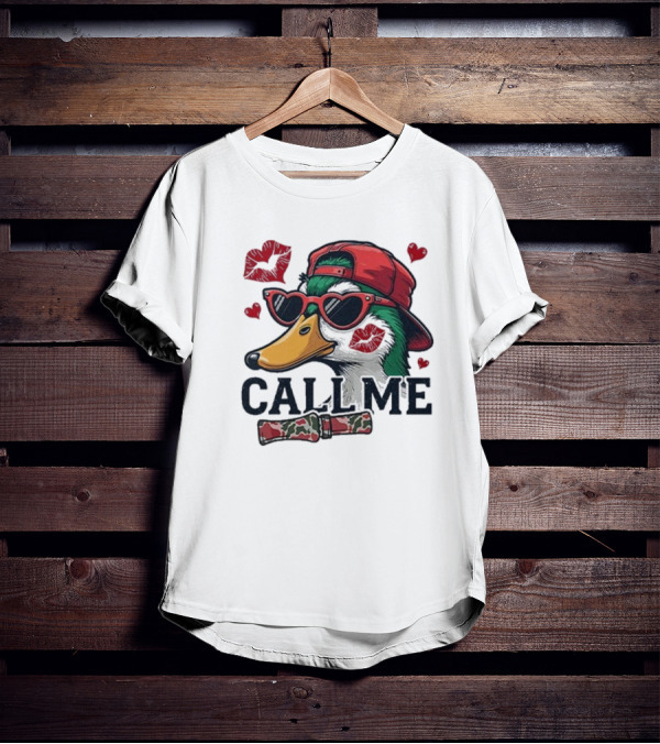 Call Me Valentine Mallard Duck In Sunglasses And Red Cap Surrounded By Hearts And Kisses T-Shirt