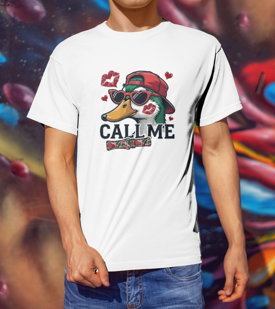 Call Me Valentine Mallard Duck In Sunglasses And Red Cap Surrounded By Hearts And Kisses T-Shirt