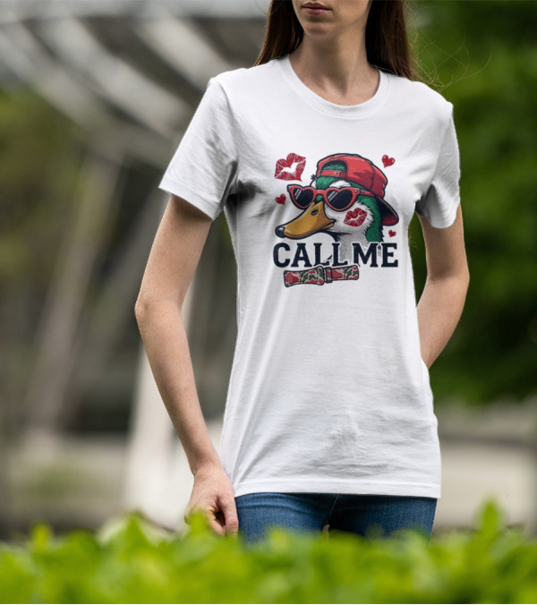 Call Me Valentine Mallard Duck In Sunglasses And Red Cap Surrounded By Hearts And Kisses T-Shirt
