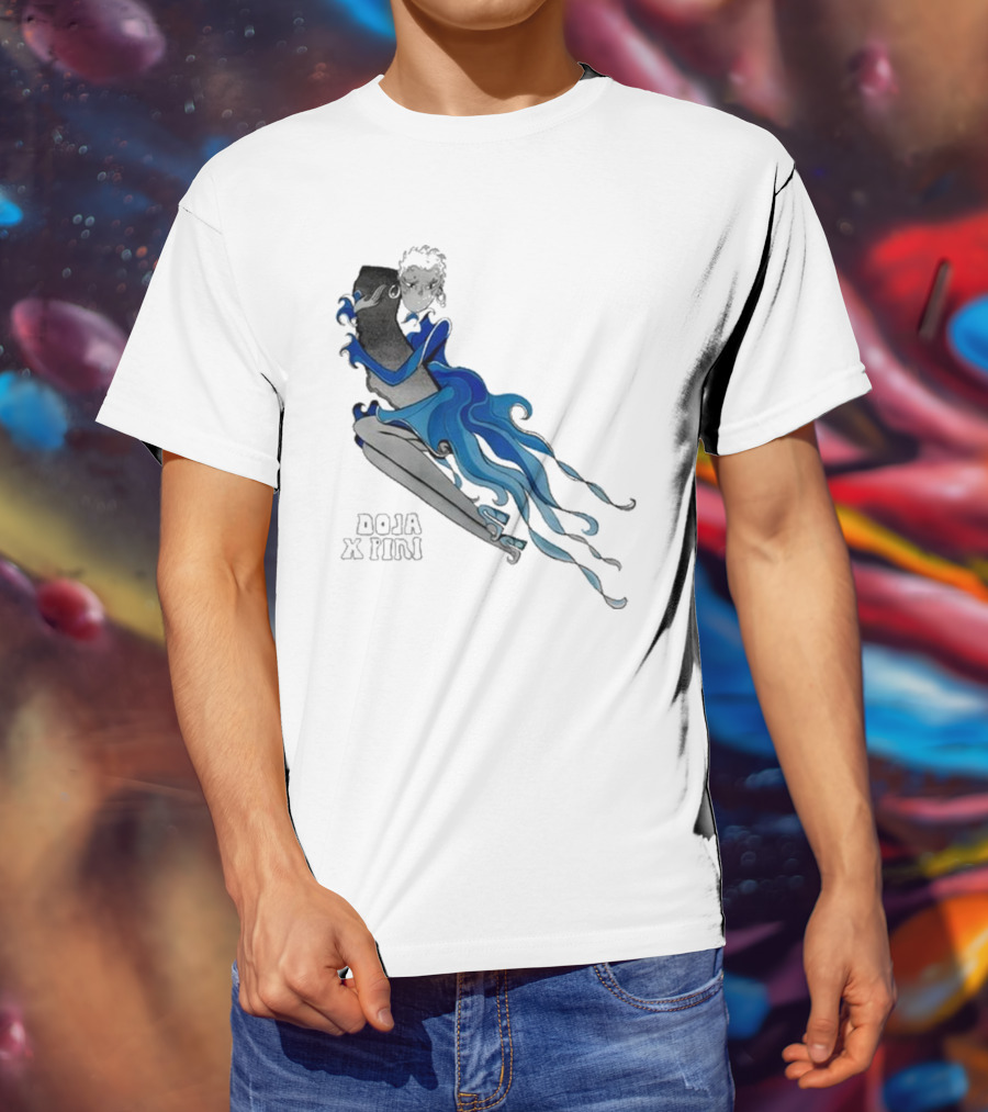 2025 Doja X Pini Collaboration Artwork Featuring Ethereal Blue And Black Character T-Shirt