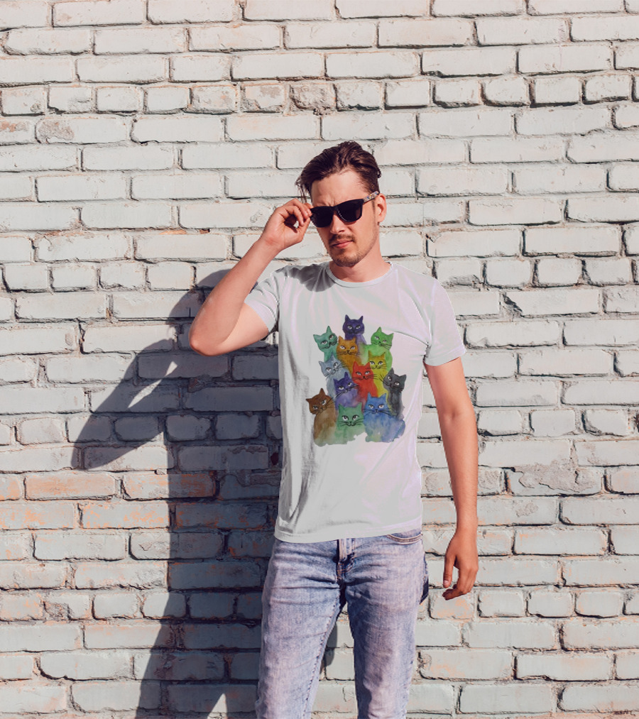 Cats All Around Colorful Watercolor Feline Faces T-Shirt