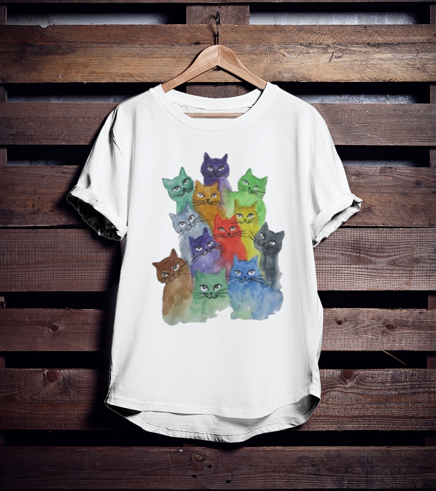 Cats All Around Colorful Watercolor Feline Faces T-Shirt