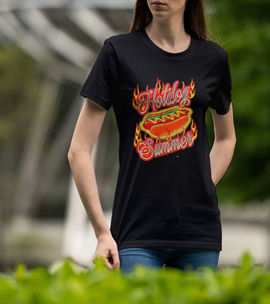 Hotdog Summer Flaming Hotdog Graphic With Fiery Flames T-Shirt